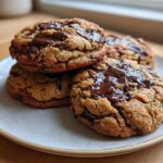 A stack of thick, chewy Irresistible Sourdough Chocolate Chip Cookies topped with melted chocolate.