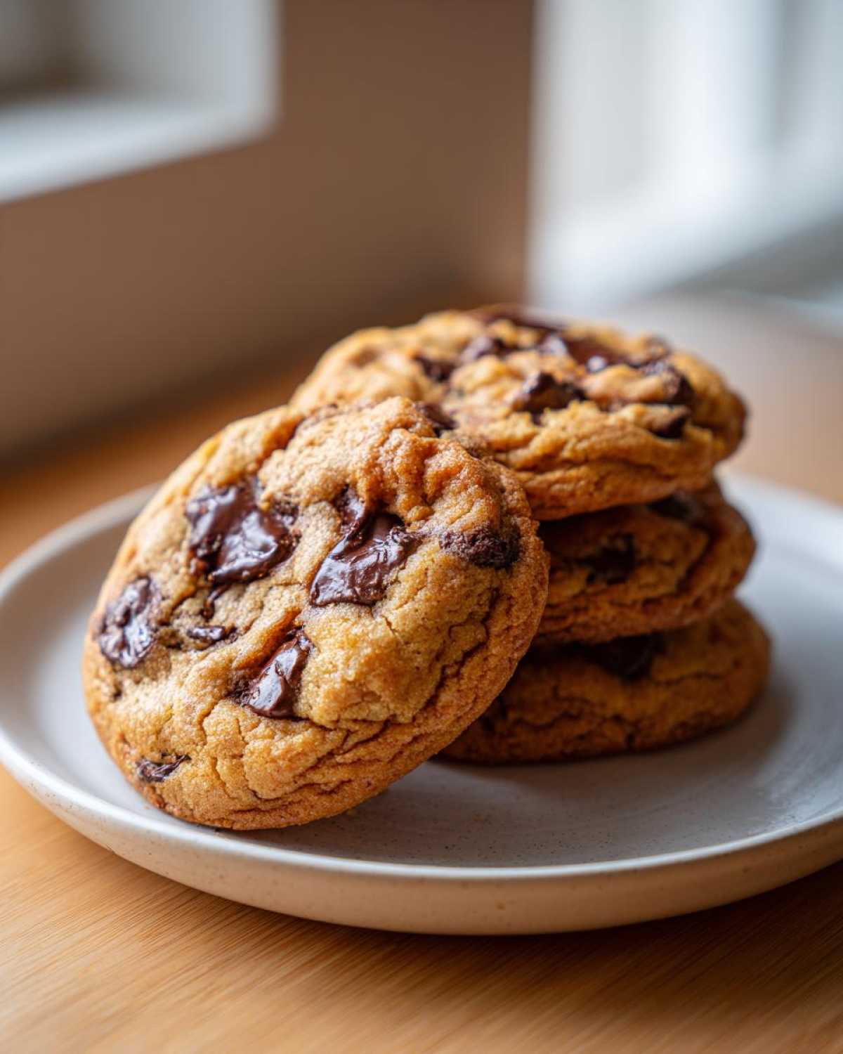 A stack of four golden-brown Irresistible Sourdough Chocolate Chip Cookies with melted chocolate chunks on a light plate.