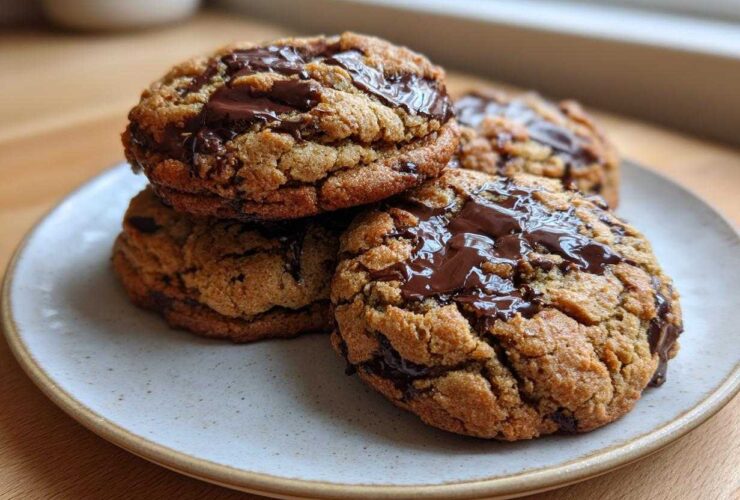 A stack of thick, chewy Irresistible Sourdough Chocolate Chip Cookies topped with melted chocolate.