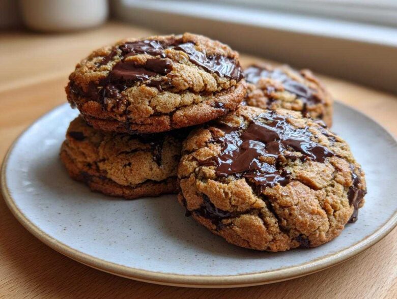 A stack of thick, chewy Irresistible Sourdough Chocolate Chip Cookies topped with melted chocolate.
