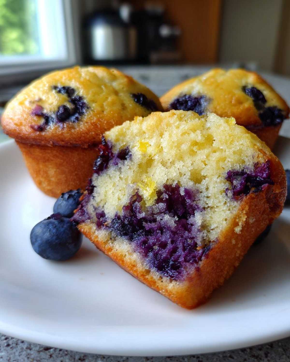 Close-up of a halved Lemon Blueberry Muffins showing the moist interior packed with purple blueberries.