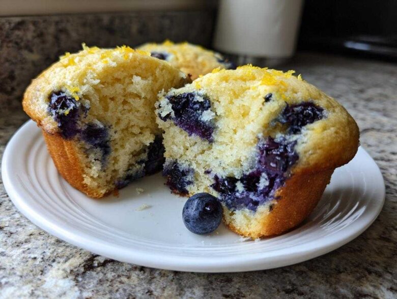 Close-up of a moist Lemon Blueberry Muffins cut in half, revealing juicy blueberries and lemon zest topping.