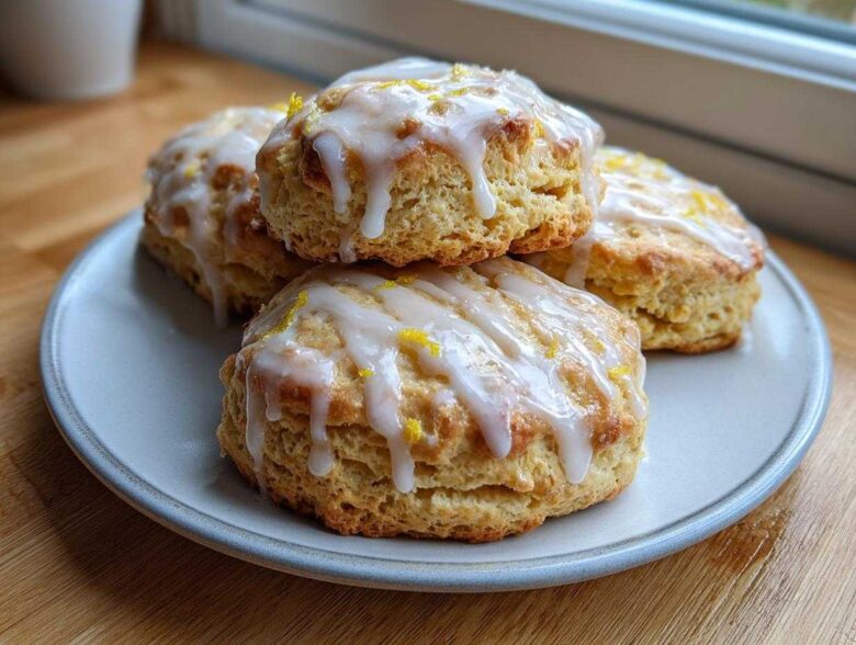 A stack of four freshly baked Lemon Vanilla Scones topped with white glaze and bright yellow lemon zest.