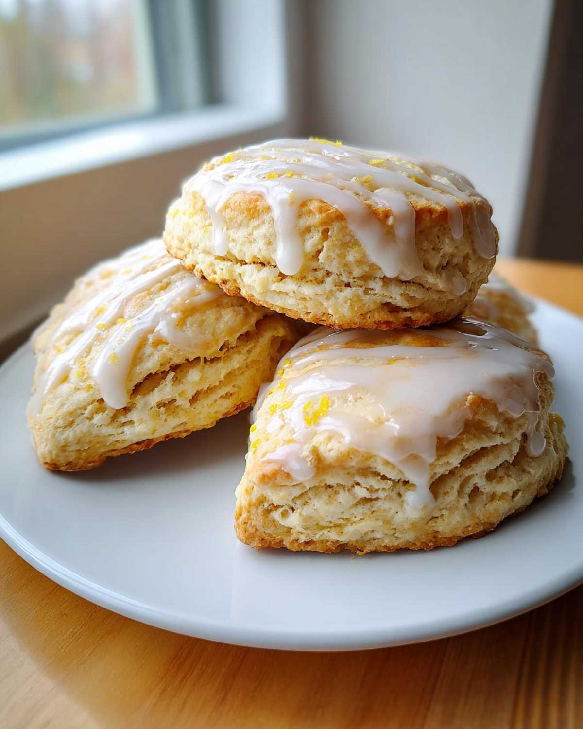 A stack of three freshly baked Lemon Vanilla Scones topped with a white glaze and lemon zest.
