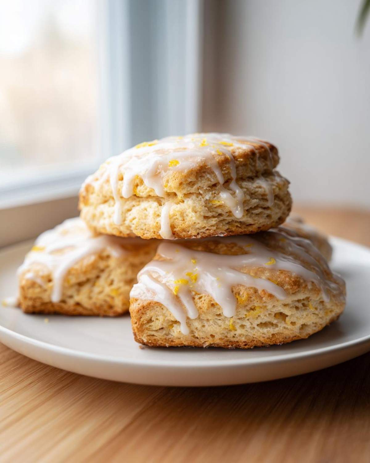 A stack of three freshly baked Lemon Vanilla Scones topped with a thick white glaze and lemon zest.