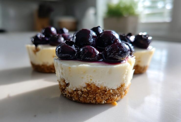 Close-up of a single mini cheesecake topped with glossy blueberry compote, one of several Little Blueberry Cheesecakes Sweet Treats.
