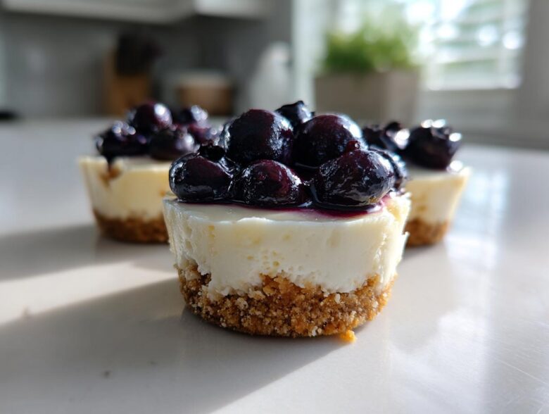 Close-up of a single mini cheesecake topped with glossy blueberry compote, one of several Little Blueberry Cheesecakes Sweet Treats.