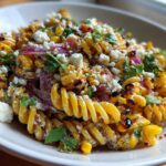 A close-up of creamy Mexican Street Corn Pasta Salad featuring fusilli pasta, charred corn, red onion, cotija cheese, and cilantro.