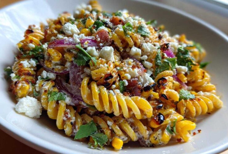 A close-up of creamy Mexican Street Corn Pasta Salad featuring fusilli pasta, charred corn, red onion, cotija cheese, and cilantro.