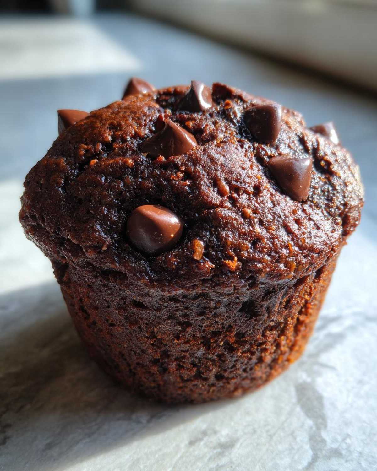 A close-up, richly textured shot of a moist Double Chocolate Chip Muffin topped with melted chocolate chips.