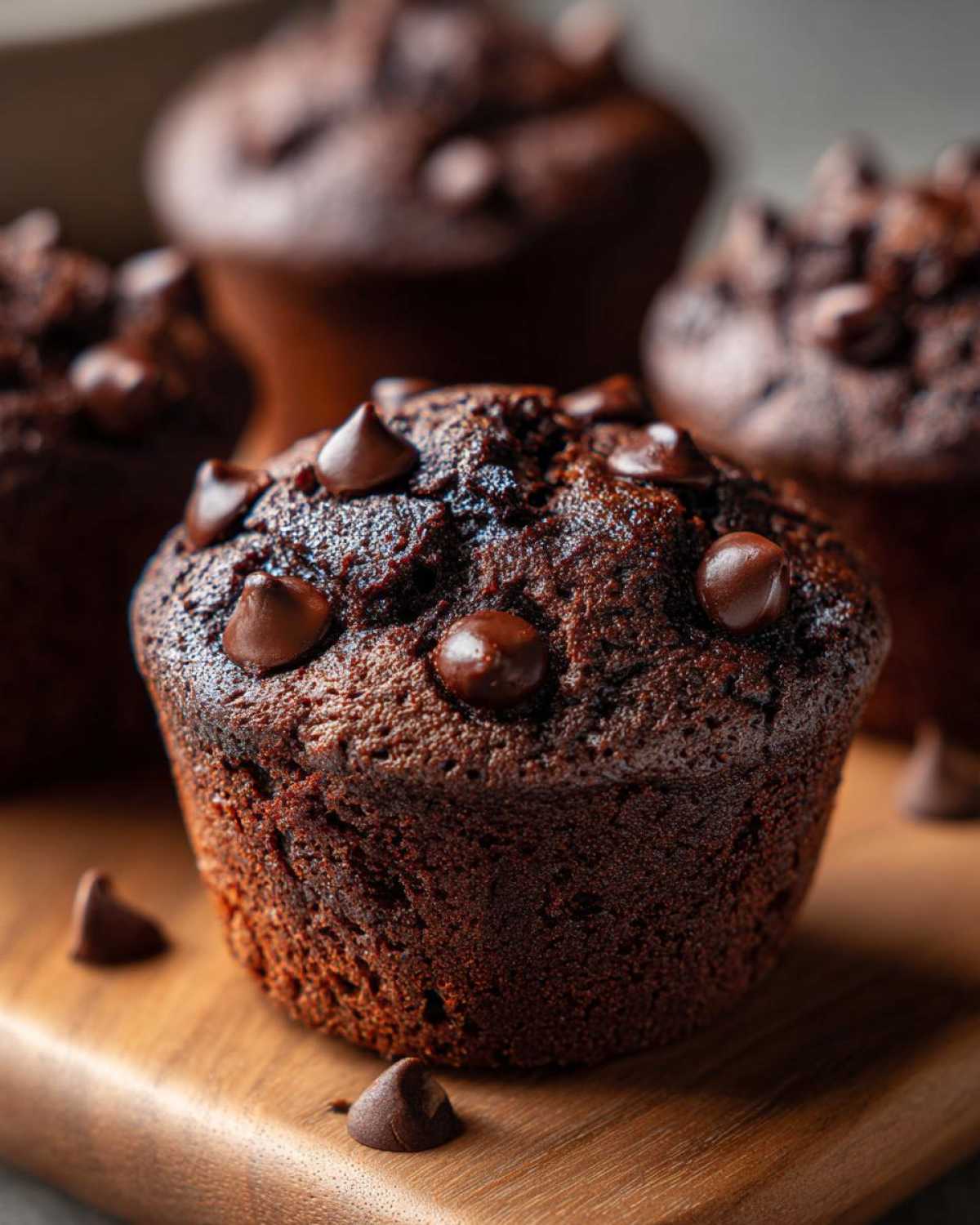 A close-up of a rich, dark Double Chocolate Chip Muffin topped with melted chocolate chips on a wooden board.