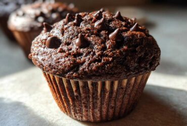 A close-up of a moist, dark chocolate muffin topped generously with chocolate chips, featuring a rich texture.