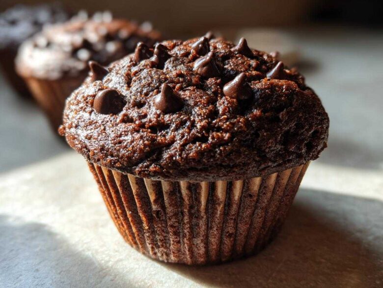 A close-up of a moist, dark chocolate muffin topped generously with chocolate chips, featuring a rich texture.