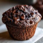 Close-up of a rich, dark, moist Double Chocolate Chip Muffins topped with melted chocolate chips.