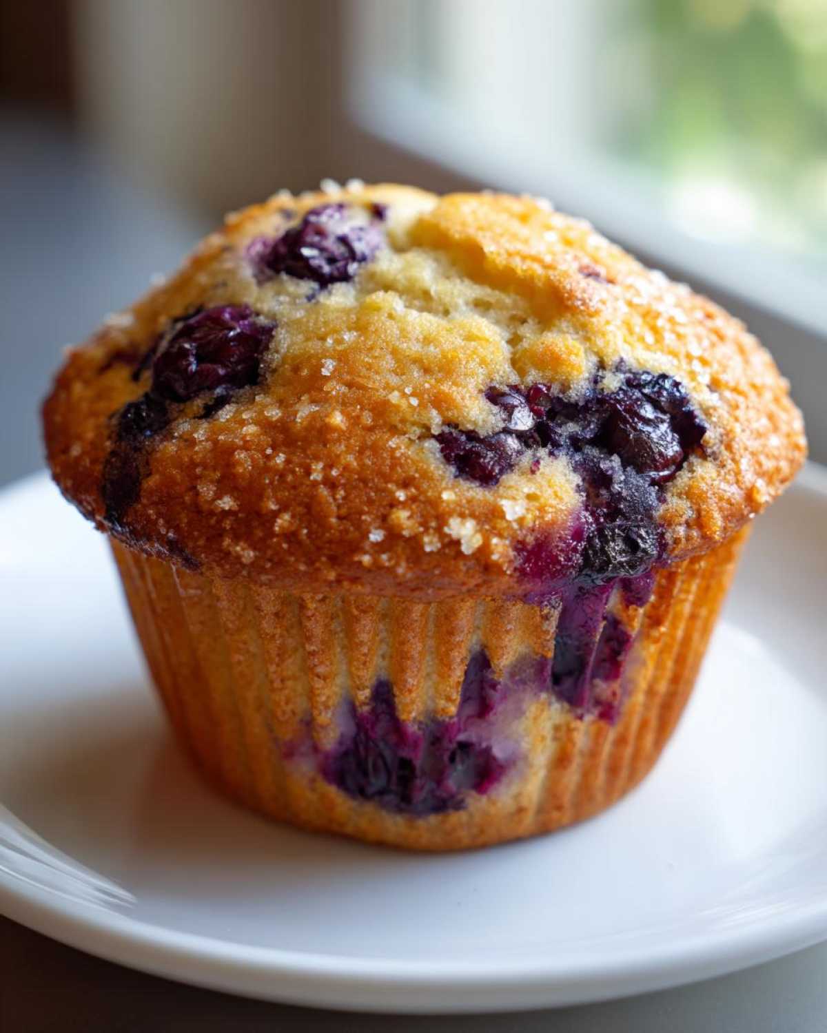 Close-up of a single, perfectly domed Moist and Fluffy Bakery-Style Blueberry Muffin topped with coarse sugar.