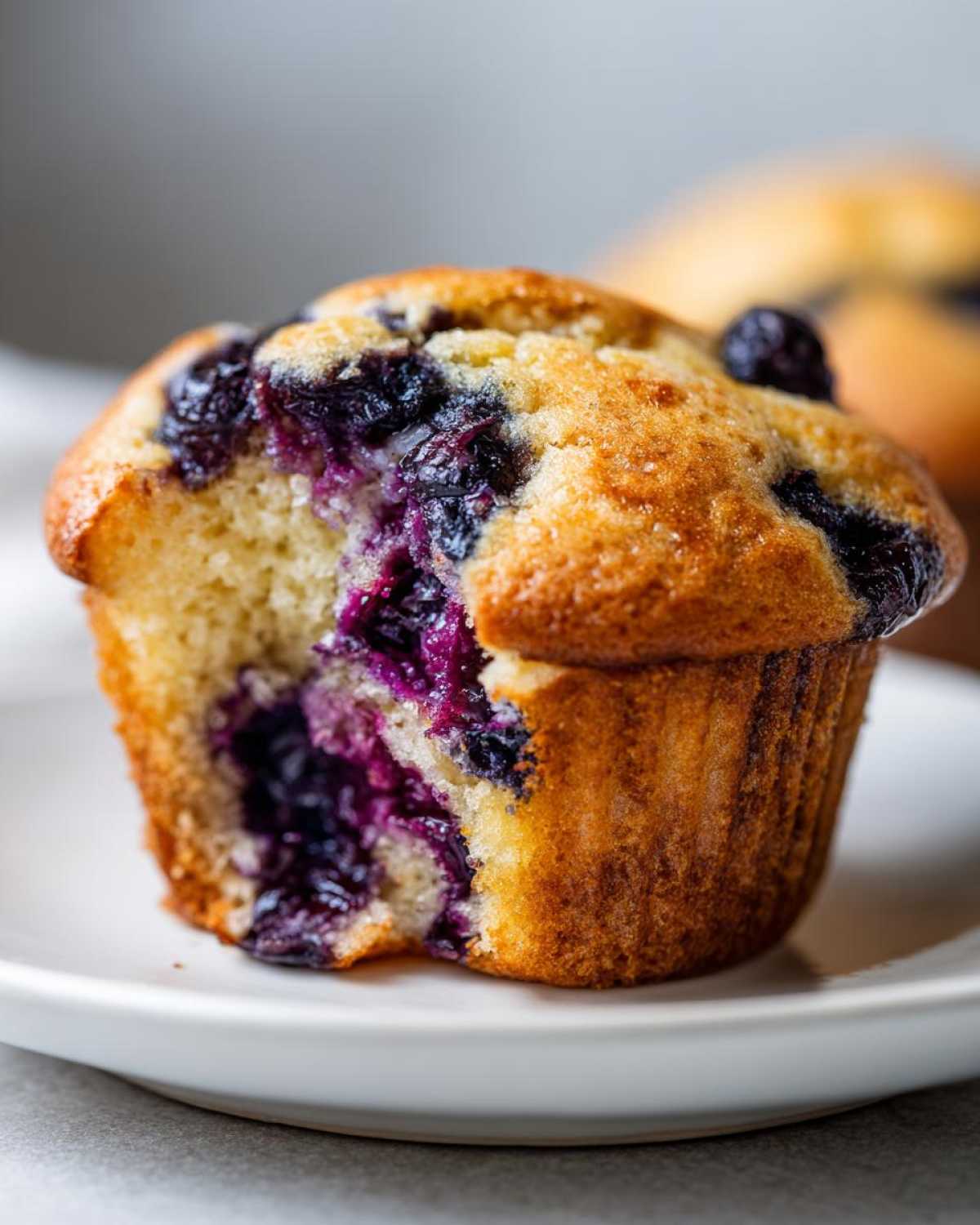 Close-up of a Moist and Fluffy Bakery-Style Blueberry Muffin with a bite taken out, showing the soft crumb and burst blueberries.