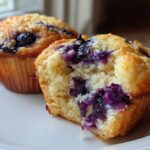 Close-up of a Moist and Fluffy Bakery-Style Blueberry Muffin broken open showing the tender crumb and juicy blueberries.