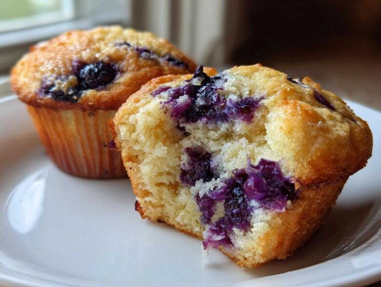 Close-up of a Moist and Fluffy Bakery-Style Blueberry Muffin broken open showing the tender crumb and juicy blueberries.