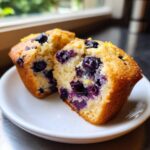 Close-up of a moist Lemon Blueberry Muffin cut in half, showing juicy blueberries and lemon zest.