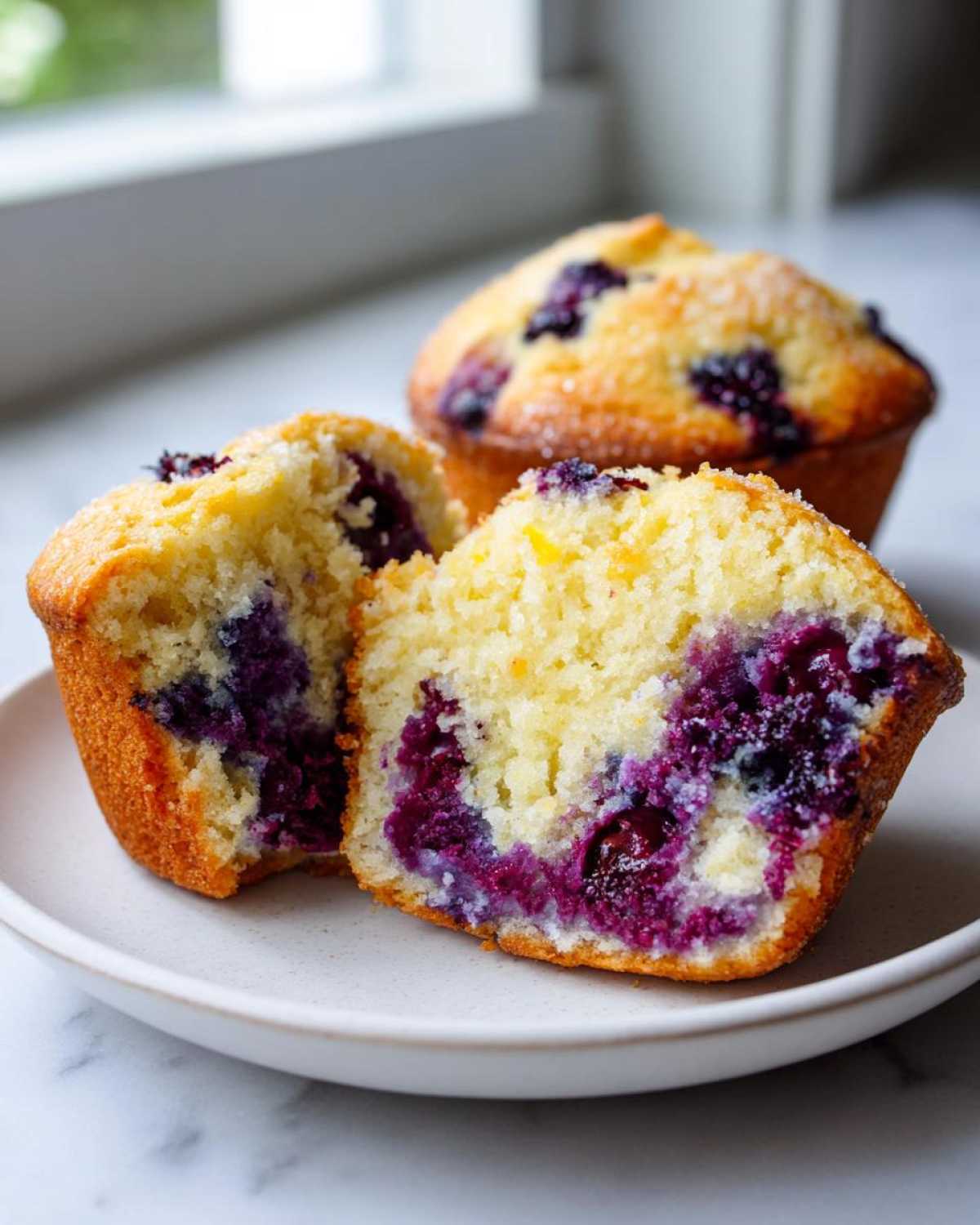 Close-up of a moist Lemon Blueberry Muffins, cut in half to show the rich, purple blueberry filling inside the golden crumb.