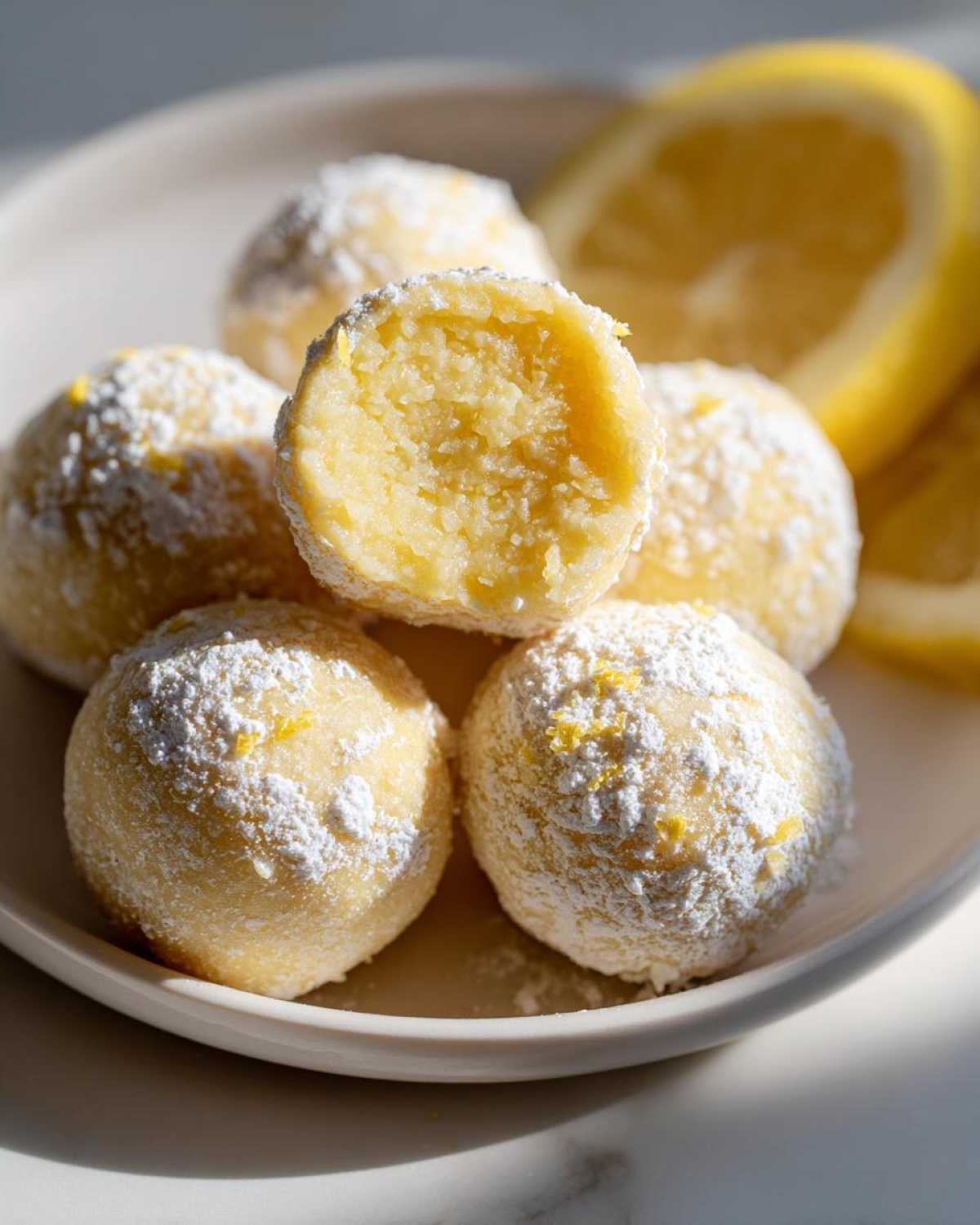 A plate of delicious No Bake Lemon Truffles dusted with powdered sugar, one is cut open showing the soft interior.