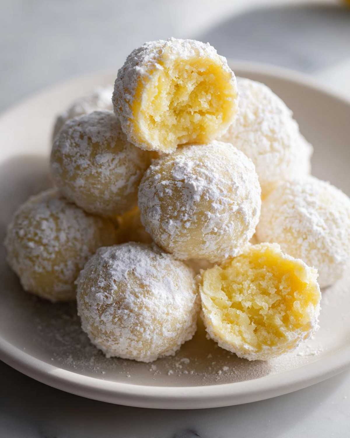 A stack of No Bake Lemon Truffles generously dusted with powdered sugar, one is broken open showing the soft yellow interior.