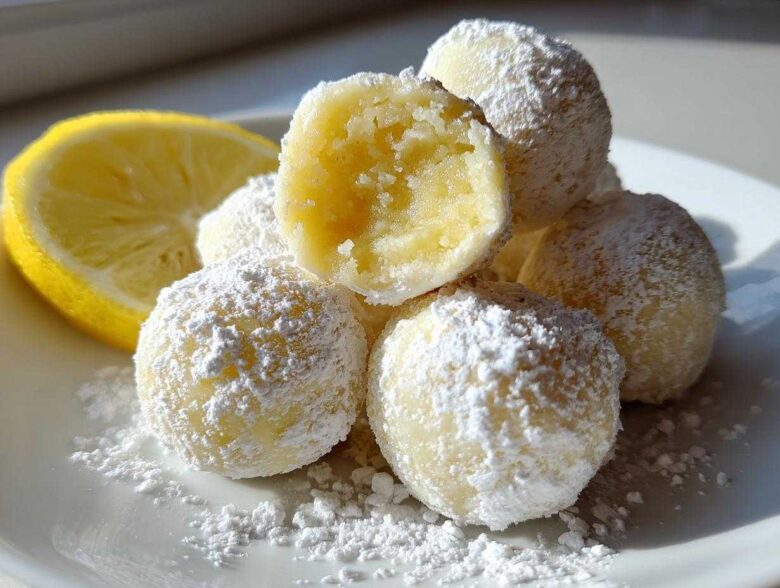 A pile of No Bake Lemon Truffles dusted heavily with powdered sugar next to a lemon half.