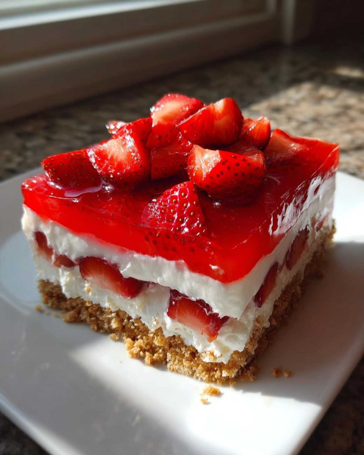 A perfect slice of No Bake Strawberry Lasagna showing a graham cracker crust, creamy layer, and bright red strawberry gelatin top.