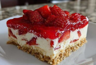 Close-up of a square slice of No Bake Strawberry Lasagna showing a graham cracker crust, creamy filling, and bright red strawberry glaze topping.