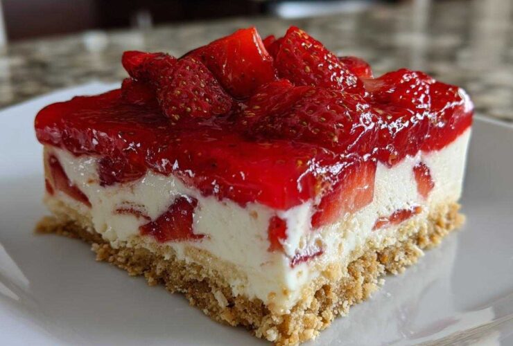 Close-up of a square slice of No Bake Strawberry Lasagna showing a graham cracker crust, creamy filling, and bright red strawberry glaze topping.