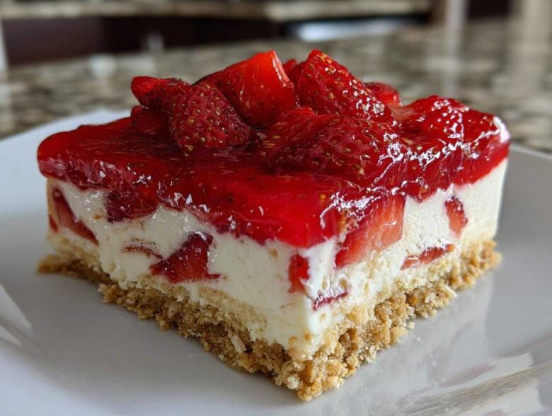 Close-up of a square slice of No Bake Strawberry Lasagna showing a graham cracker crust, creamy filling, and bright red strawberry glaze topping.