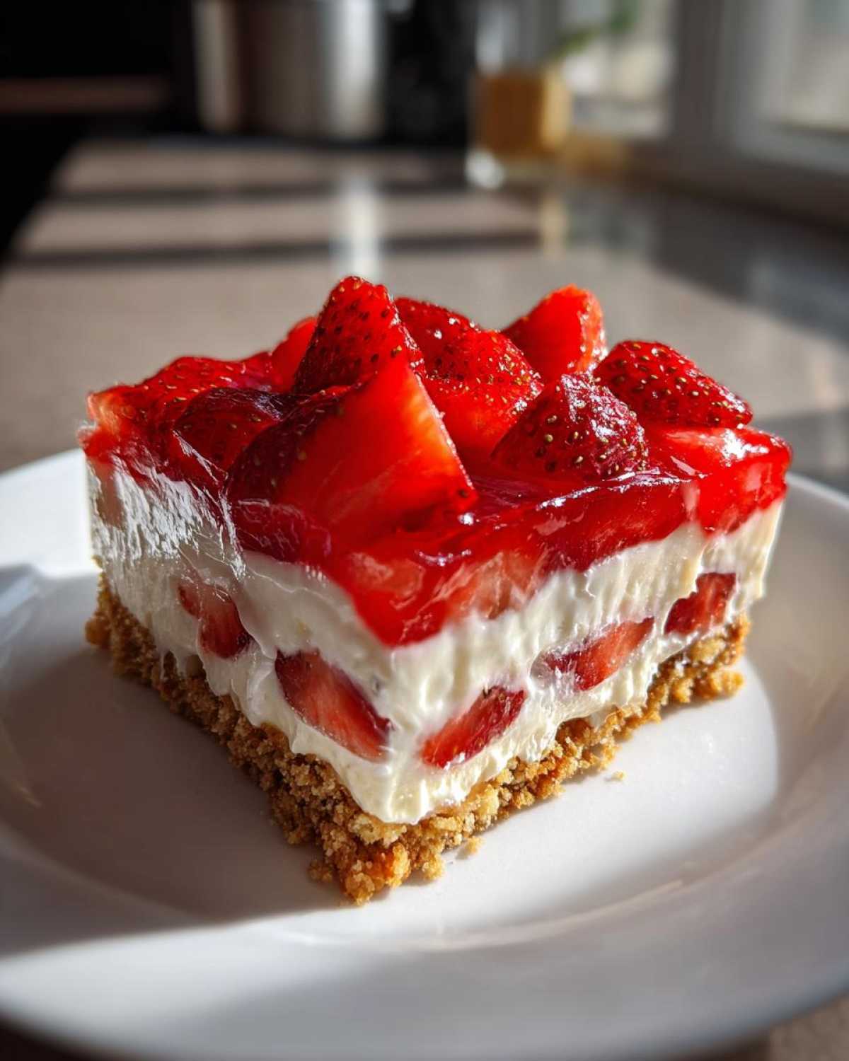 Close-up of a perfect slice of No Bake Strawberry Lasagna showing graham cracker crust, creamy filling, and strawberry topping.