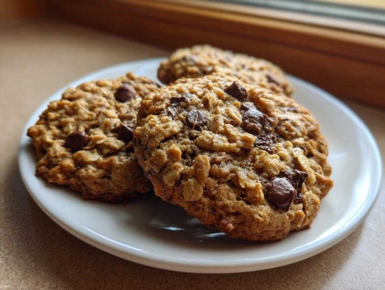 Three freshly baked oatmeal chocolate chip Go Bananas Cookies stacked on a small white plate.