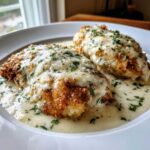 Two golden-brown chicken breasts covered in melted cheese and rich garlic sauce, garnished with parsley. Amazing Parmesan Chicken with Garlic Sauce.