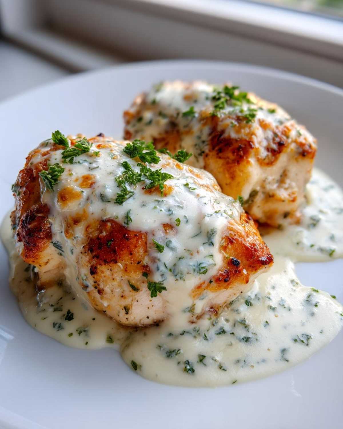 Two golden-brown chicken breasts smothered in creamy Parmesan chicken with garlic sauce and topped with fresh parsley.