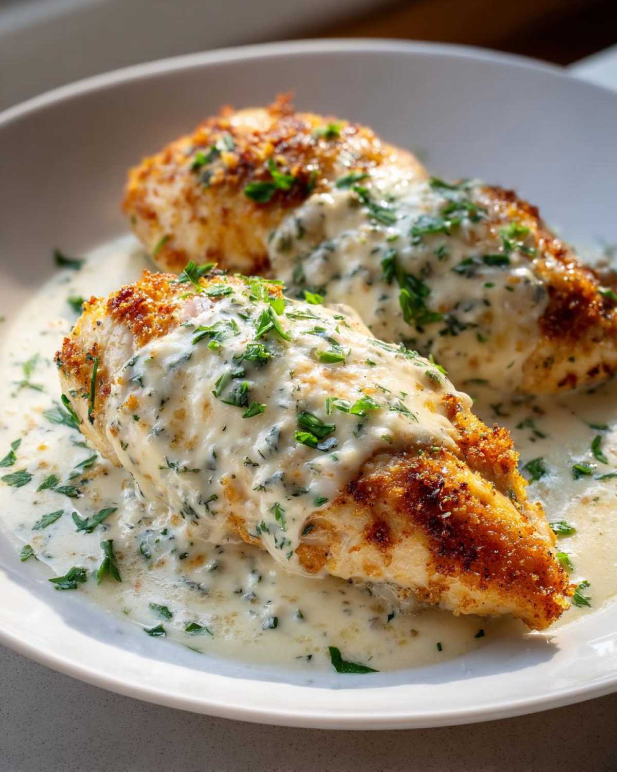Two golden-brown Parmesan Chicken breasts smothered in a creamy garlic sauce and topped with fresh parsley.
