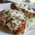 Two golden-brown chicken breasts smothered in creamy Parmesan chicken with garlic sauce and sprinkled with fresh parsley.