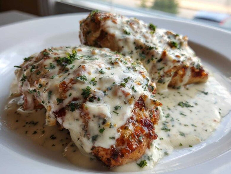 Two golden-brown chicken breasts smothered in creamy Parmesan chicken with garlic sauce and sprinkled with fresh parsley.