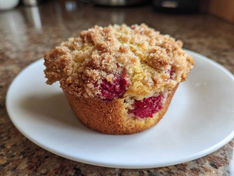 A single, perfect Raspberry Streusel Muffins on a white plate, featuring a golden crumb topping and visible fresh raspberries.