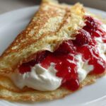 Close-up of a folded Raspberry Vanilla Crepes filled with whipped cream and bright red raspberry sauce.