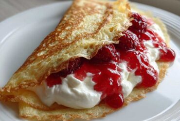 Close-up of a folded Raspberry Vanilla Crepes filled with whipped cream and bright red raspberry sauce.