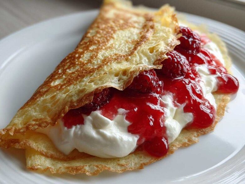 Close-up of a folded Raspberry Vanilla Crepes filled with whipped cream and bright red raspberry sauce.