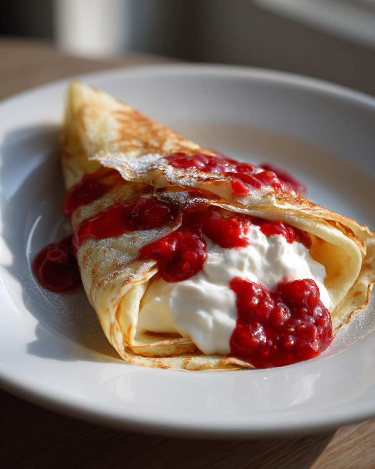 A folded Raspberry Vanilla Crepes filled with whipped cream and topped generously with bright red raspberry sauce.