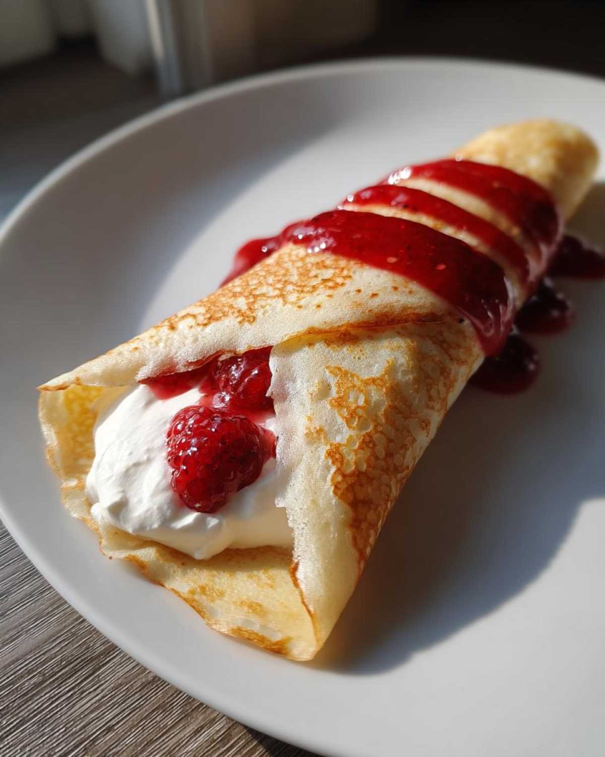 A rolled Raspberry Vanilla Crepes filled with whipped cream and fresh raspberries, drizzled with raspberry sauce.