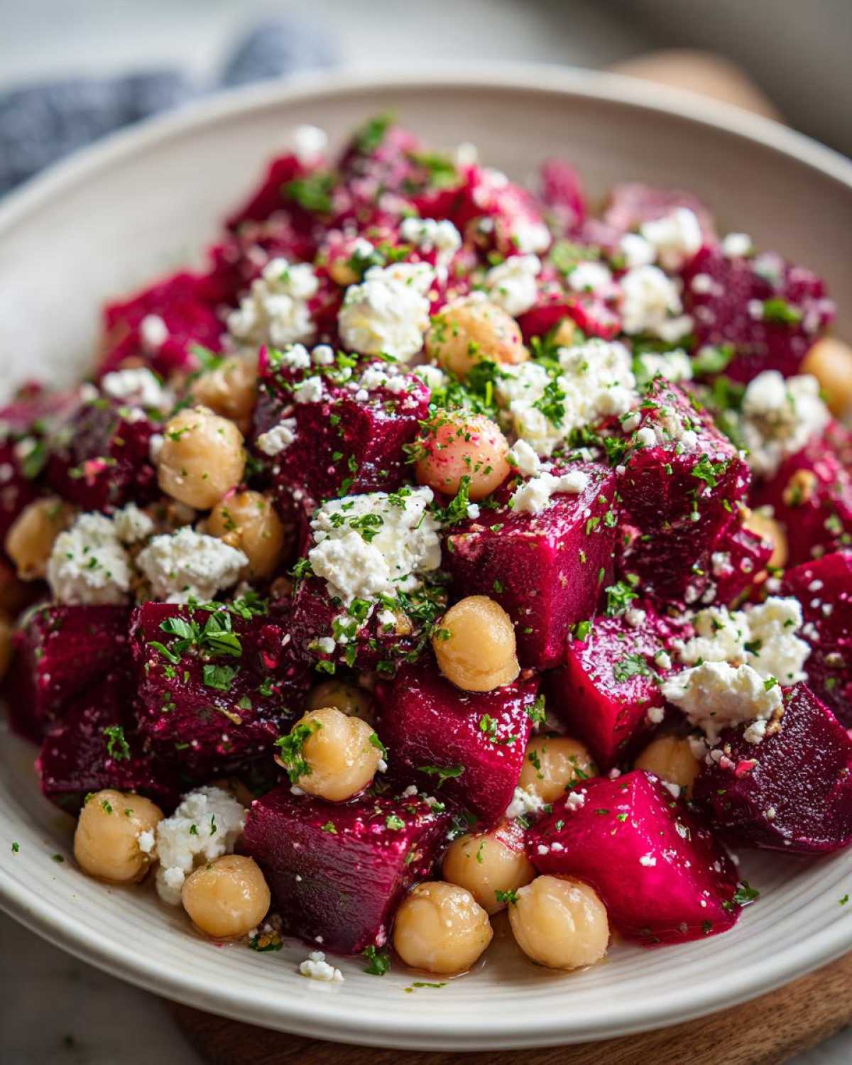 Close-up of a bowl filled with a Refreshing Chickpea Beet Feta Salad featuring deep red beet cubes, chickpeas, and crumbled white feta cheese.