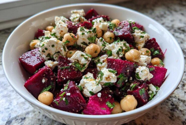 A white bowl filled with colorful Refreshing Chickpea Beet Feta Salad, featuring bright magenta beets, white feta cheese, and chickpeas.