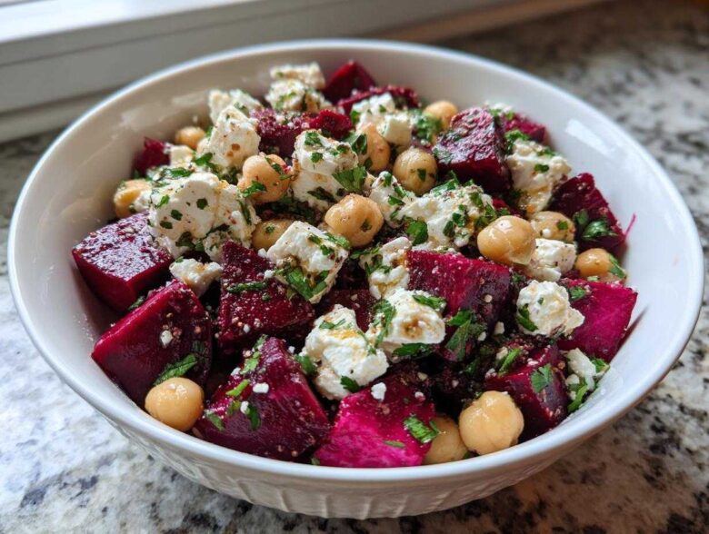 A white bowl filled with colorful Refreshing Chickpea Beet Feta Salad, featuring bright magenta beets, white feta cheese, and chickpeas.