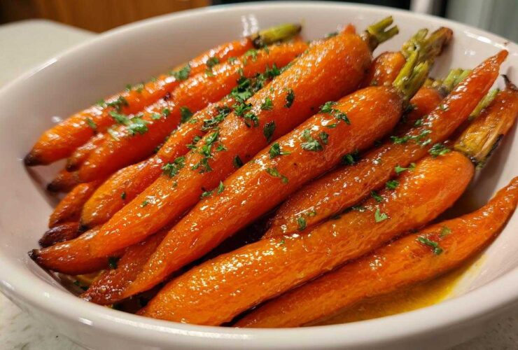 Close-up of shiny, glazed Roasted Carrots Hot Honey Butter garnished with fresh parsley in a white serving bowl.