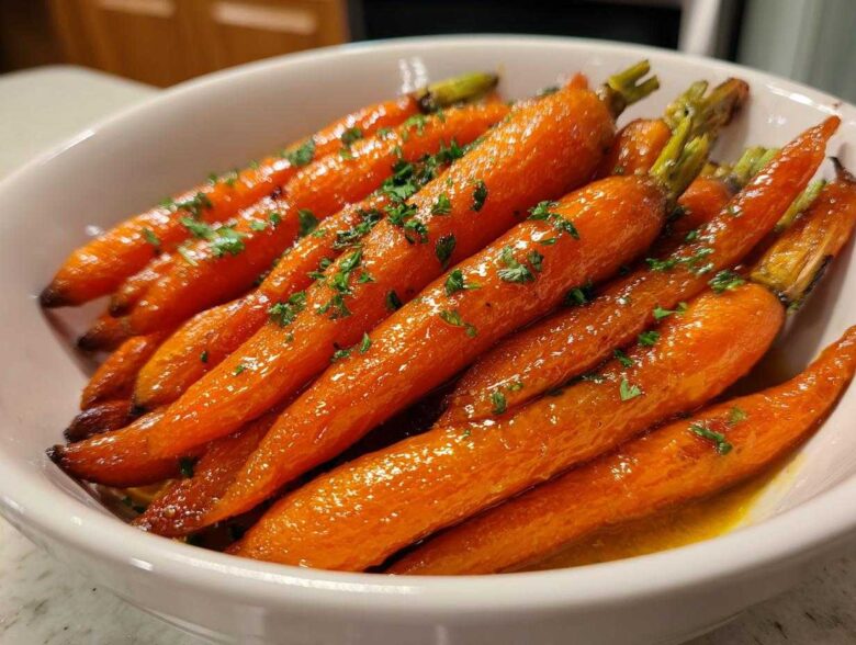 Close-up of shiny, glazed Roasted Carrots Hot Honey Butter garnished with fresh parsley in a white serving bowl.