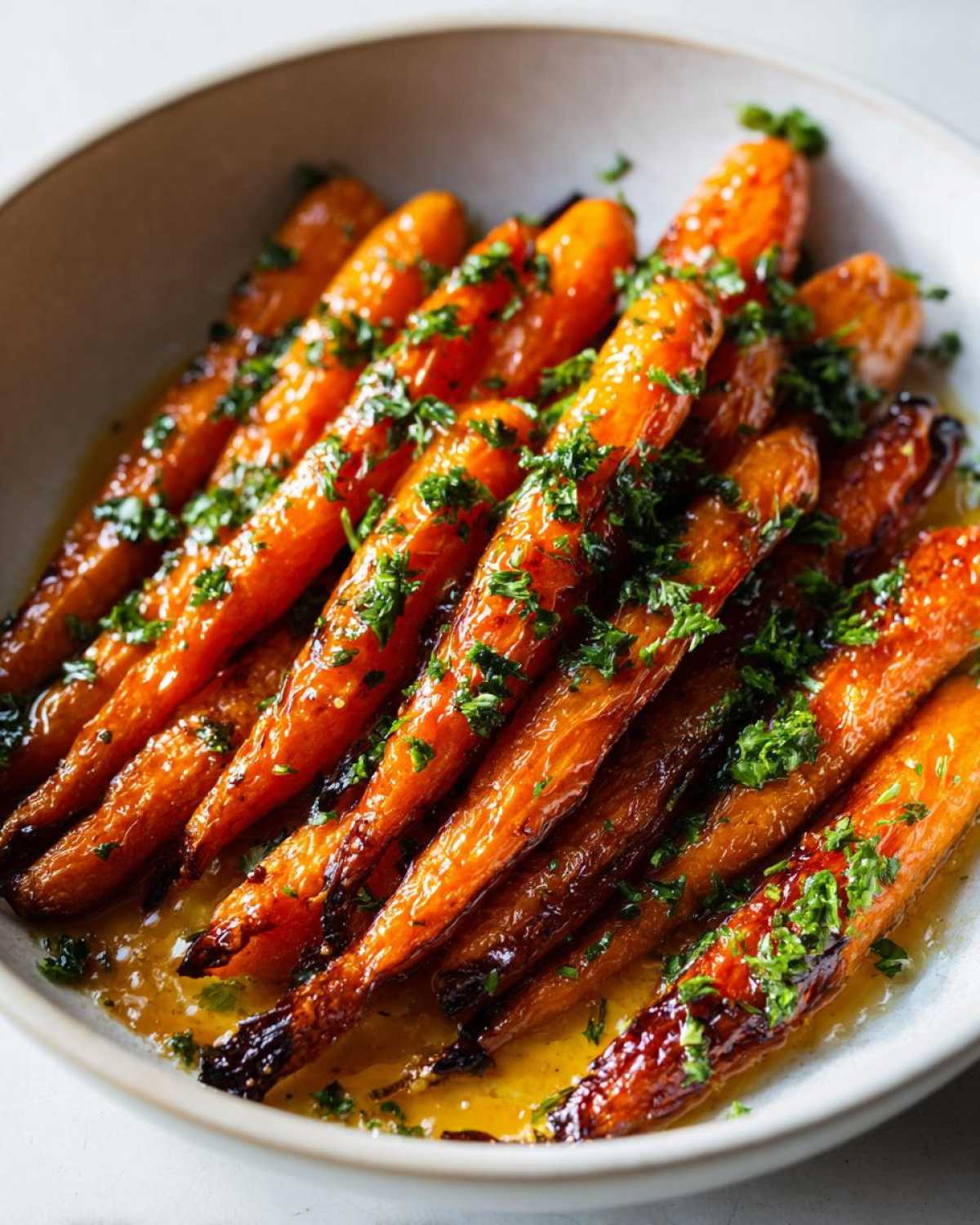 Close-up of glossy, caramelized Roasted Carrots Hot Honey Butter garnished with fresh parsley in a light bowl.